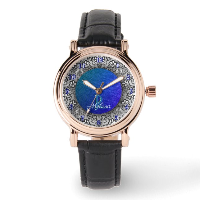 Blue Teal  Faux Leather & Black Lace Monogram Watch (Front)