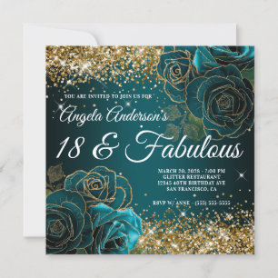 Blue Teal Floral Gold Glitter Glam 18 & Fabulous Invitation