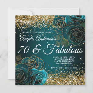Blue Teal Floral Gold Glitter Glam 70 & Fabulous Invitation