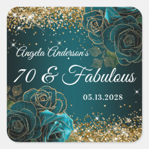 Blue Teal Floral Gold Glitter Glam 70 & Fabulous Square Sticker