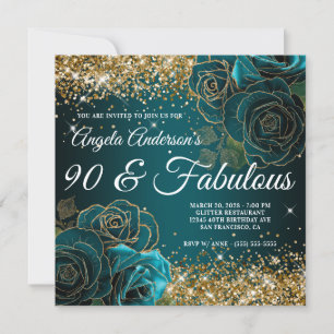 Blue Teal Floral Gold Glitter Glam 90 & Fabulous Invitation