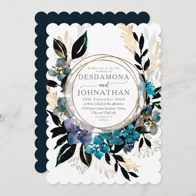 Blue teal Floral Wedding Bouquet Invitation (Front/Back)