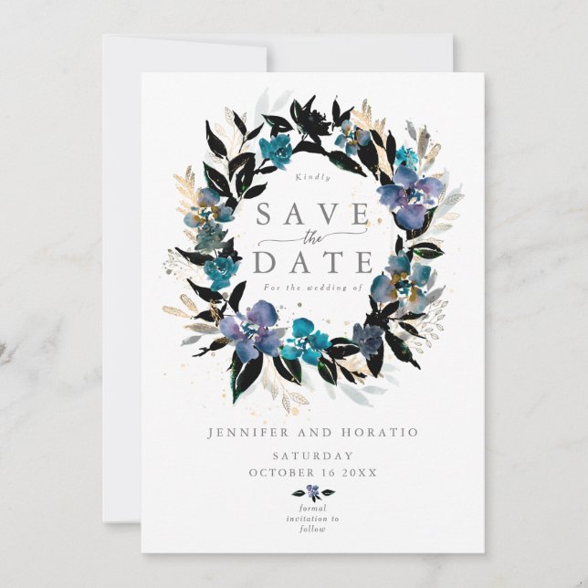 Blue teal Floral Wedding Bouquet Invitation (Front)