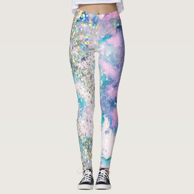 Blue Teal Galaxy Holographic Glitter Elegant Cool Leggings (Front)