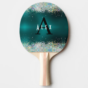 Blue Teal Glitter Monogram Add Your Name + Initial Ping Pong Paddle