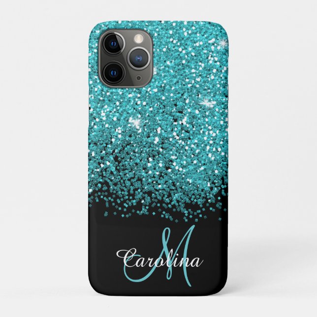 Blue, Teal, Glitter, Name and Monogram, Girly Case-Mate iPhone Case (Back)