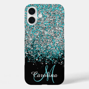 Blue, Teal, Glitter, Name and Monogram, Girly iPhone 16 Plus Case