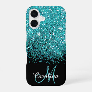 Blue, Teal, Glitter, Name and Monogram, Girly iPhone 16 Case