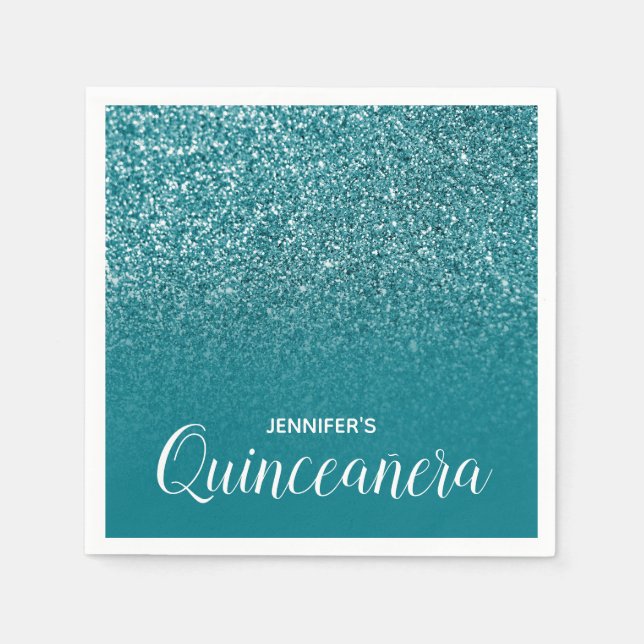 Blue Teal Glitter Ombre Quinceanera Napkin (Front)