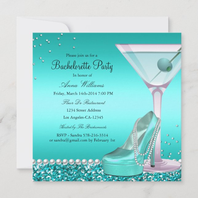 Blue Teal Glitter Pearl Bachelorette Party Invite (Front)
