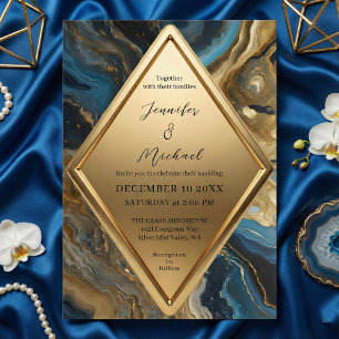 Blue Teal Gold Agate Marble Geometric Wedding Invitation