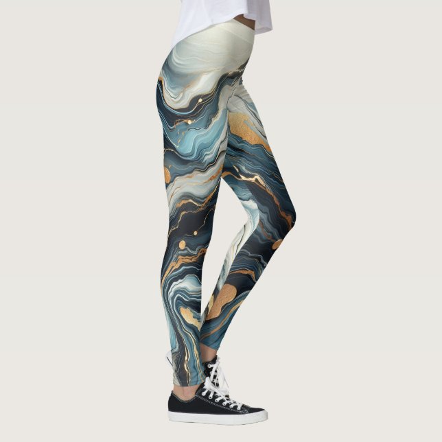 Blue Teal Gold Agate Modern Glam Elegant Wedding Leggings (Right)