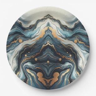Blue Teal Gold Agate Modern Glam Elegant Wedding Paper Plate