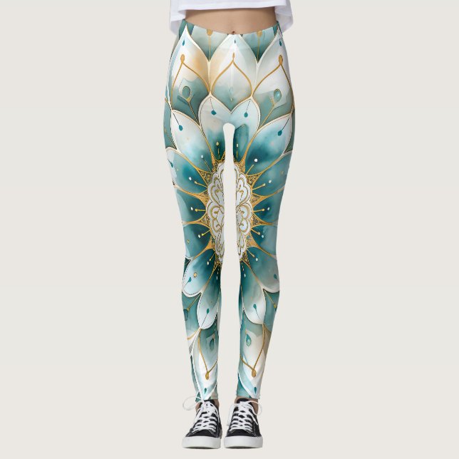 Blue Teal Gold Floral Mandala Leggings (Front)