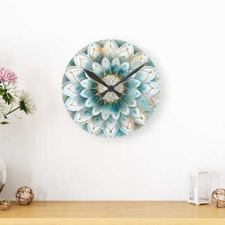 Blue Teal Gold Floral Mandala Round Clock