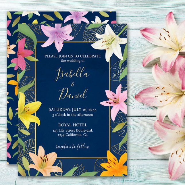 Blue Teal & Gold Tropical Lily Wedding Invitation (Blue Teal & Gold Tropical Lily Wedding Invitation)