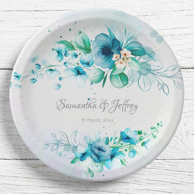 Blue teal green flowers floral  paper plate (Creator Uploaded)