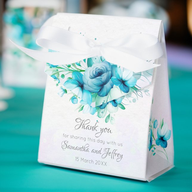 Blue teal green flowers floral wedding favour box (Blue teal green flowers floral wedding favor box elegant wedding favor box aqua blue floral )