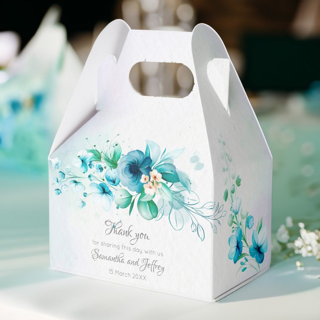 Blue teal green flowers floral wedding favour box (Blue teal green flowers floral personalized wedding favor box wedding favors aqua blue floral)