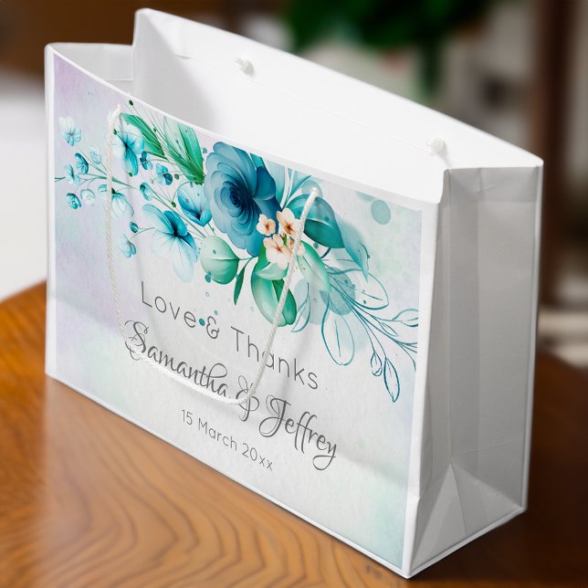 Blue teal green flowers floral wedding gifts favou large gift bag (Blue teal green flowers floral wedding gifts favor large gift bag wedding welcome bag favor bag)
