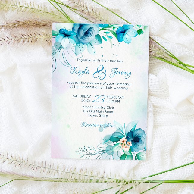 Blue teal green flowers wedding floral  invitation (Creator Uploaded)