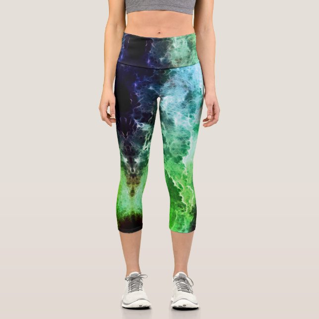 Blue Teal Green  Fractal Stormy Clouds Capri  Leggings (Front)