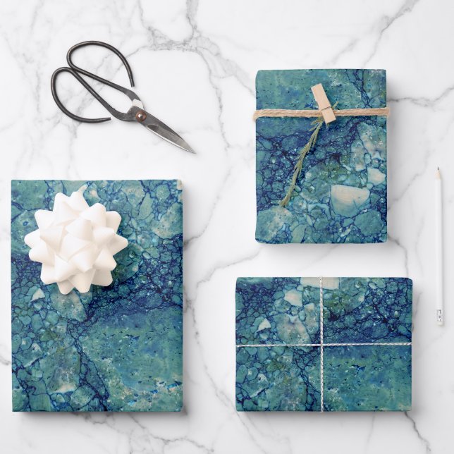 Blue Teal Green Marble Texture Wrapping Paper Sheet (Front)