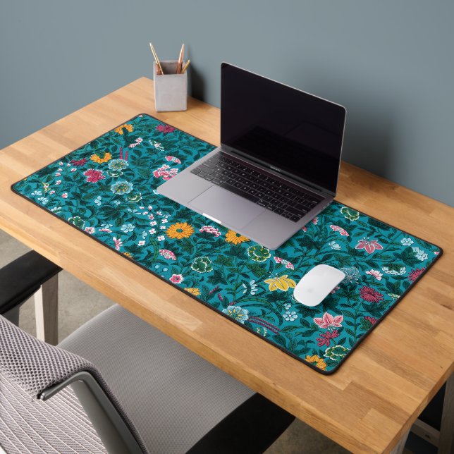 Blue Teal Green Red Pink Yellow Floral Pattern Desk Mat (Office 2)