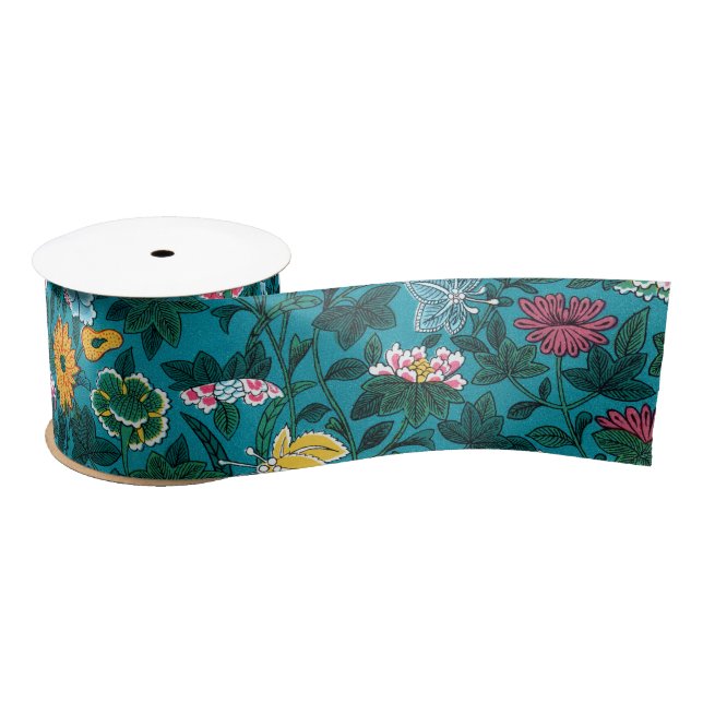 Blue Teal Green Red Pink Yellow Floral Pattern Satin Ribbon (Spool)