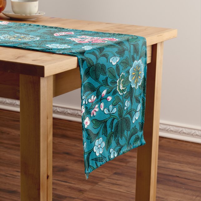 Blue Teal Green Red Pink Yellow Floral Pattern Short Table Runner (In Situ)
