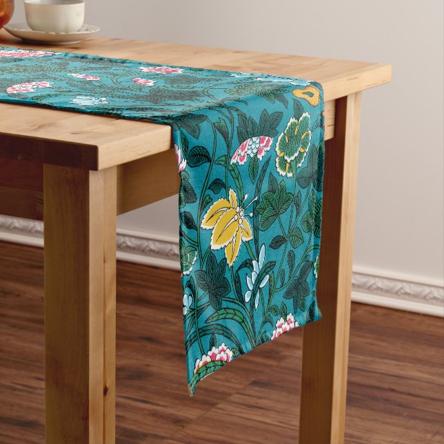 Blue Teal Green Red Pink Yellow Floral Pattern Short Table Runner (In Situ)