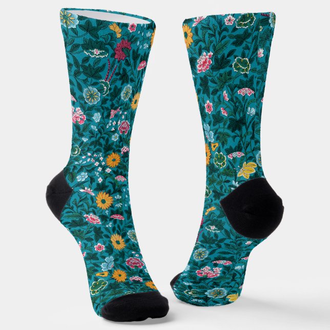 Blue Teal Green Red Pink Yellow Floral Pattern Socks (Angled)