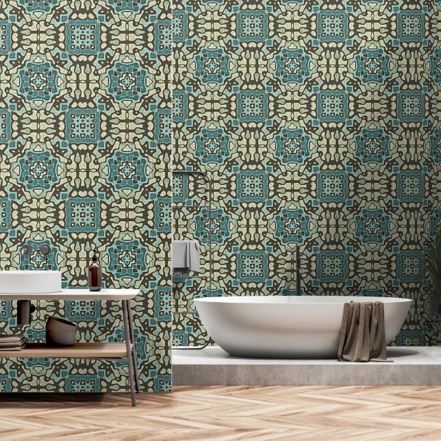 Blue Teal Green Taupe Brown Bohemian Tribe Art Wallpaper (Bathroom)
