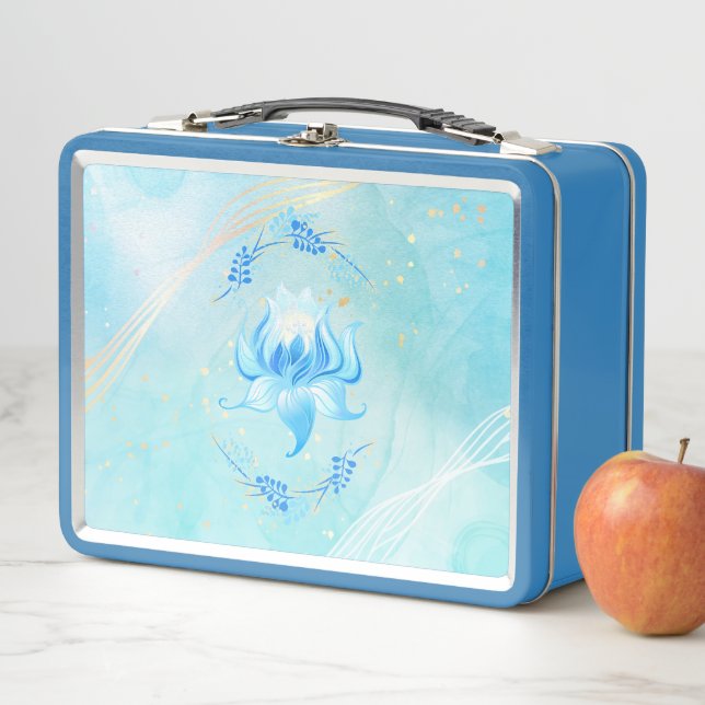 Blue‑Teal Harmony Lotus – Peaceful Bloom Metal Lunch Box (In Situ)
