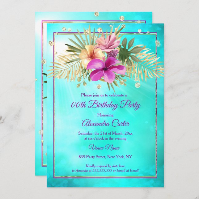 Blue Teal Hibiscus Purple Pink Birthday Party Invitation (Front/Back)