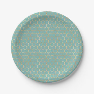 Blue Teal Honeycomb Gold Glitter Birthday Paper Plate