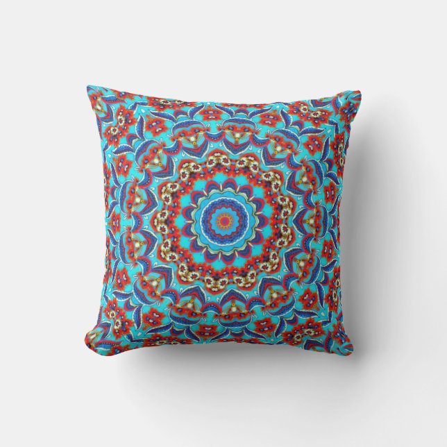 Blue Teal Leaf Floral Mandala Boho Cushion (Front)