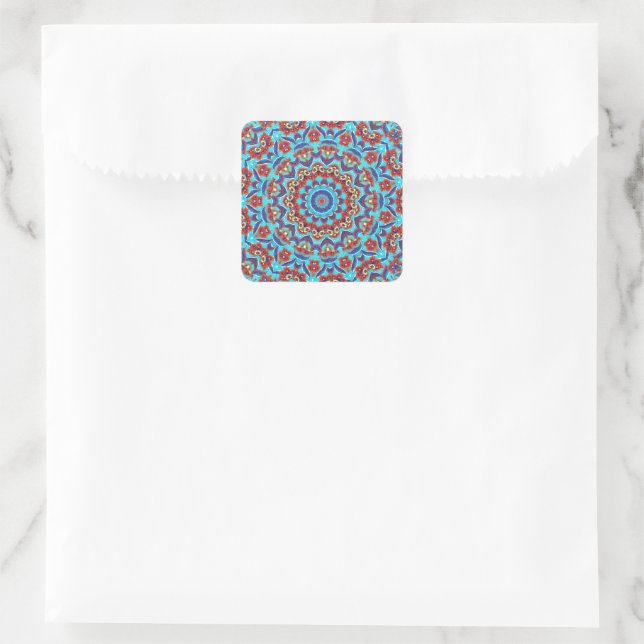 Blue Teal Leaf Floral Mandala Boho Square Sticker (Bag)