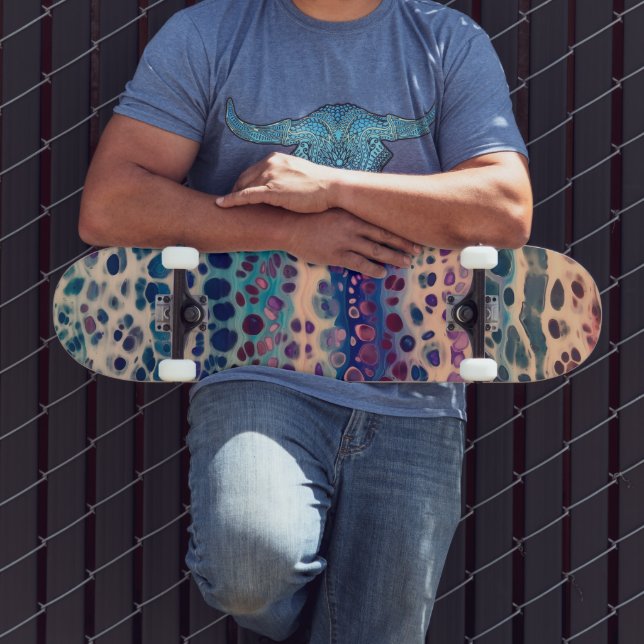 Blue Teal Lilac White Acrylic Abstract Fluid Art Skateboard (Outdoor 3)