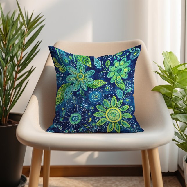 Blue Teal Lime Green Bohemian Floral Cushion (Blue Teal Lime Green Bohemian Floral Throw Pillow)
