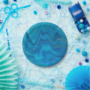 Blue & Teal Marble Agate Abstraction  Paper Plate