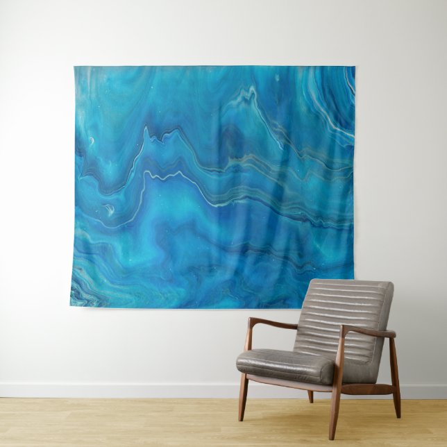 Blue & Teal Marble Agate Abstraction  Tapestry (In Situ (Horizontal))