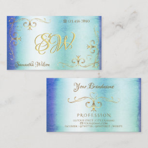 Blue Teal Marble Gold Ornate Corners with Initials Business Card