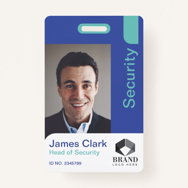 Blue & Teal Modern & Minimal Security Photo ID ID Badge (Front)