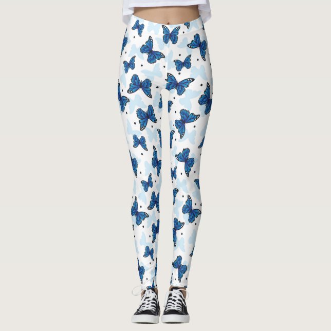 Blue Teal Monarch Butterfly Pattern  Leggings (Front)