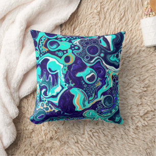 Blue Teal Ocean Swirls Fluid Art Cushion