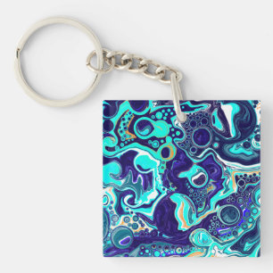 Blue Teal Ocean Swirls Fluid Art Key Ring