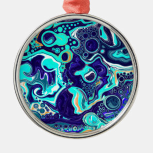 Blue Teal Ocean Swirls Fluid Art Metal Tree Decoration
