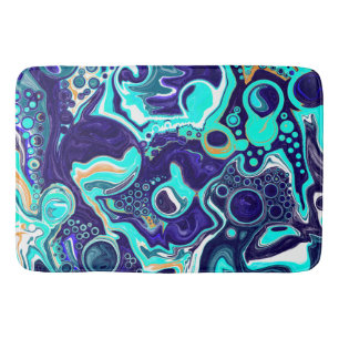 Blue Teal Ocean Swirls Marble Fluid Art Bath Mat
