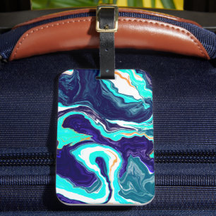 Blue Teal Ocean Swirls Marble Fluid Art Luggage Tag